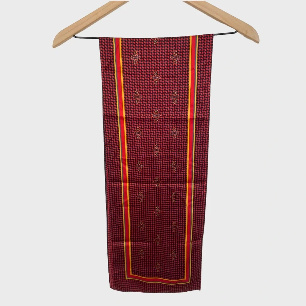 Vintage Ginnie Johansen Red Black Yellow Houndstooth Long Silk Scarf